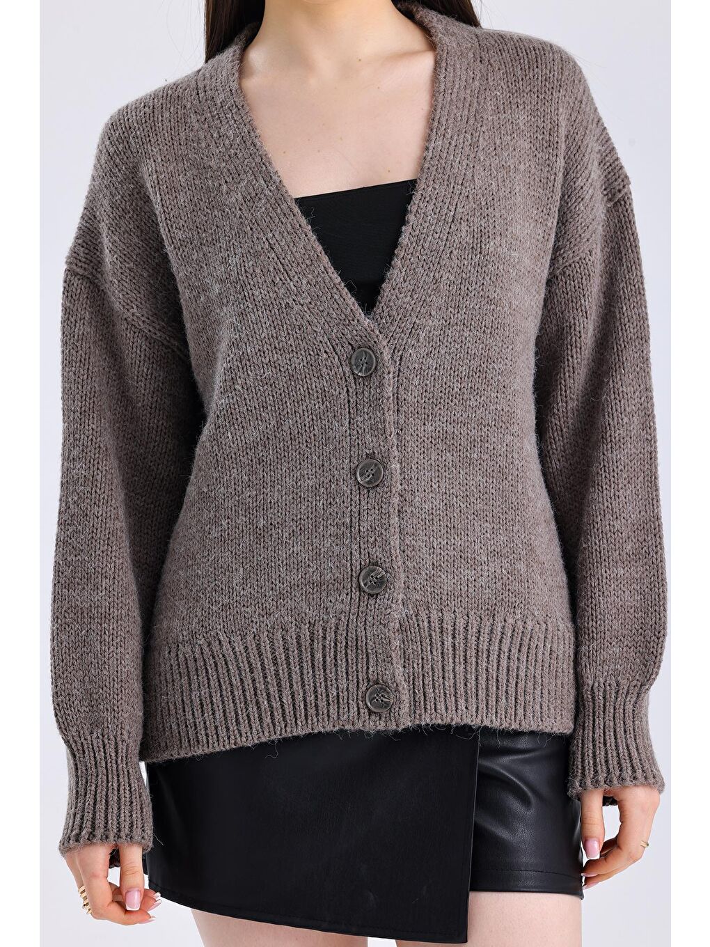 Stk3 - Düz Regular Fit Klasik Düğmeli Triko Hırka - Bej Renk-4