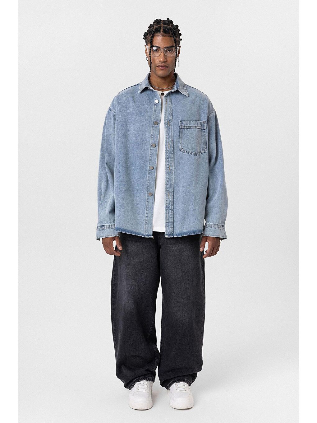 Cep Detaylı Oversıze Denim Ceket Açık Mavi