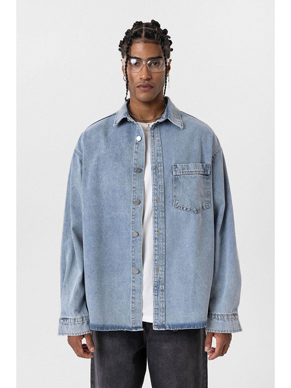 Cep Detaylı Oversıze Denim Ceket Açık Mavi-2