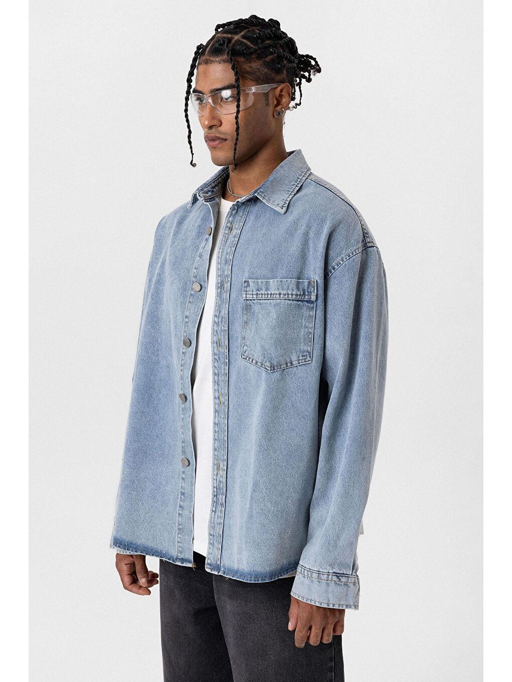 Cep Detaylı Oversıze Denim Ceket Açık Mavi-3