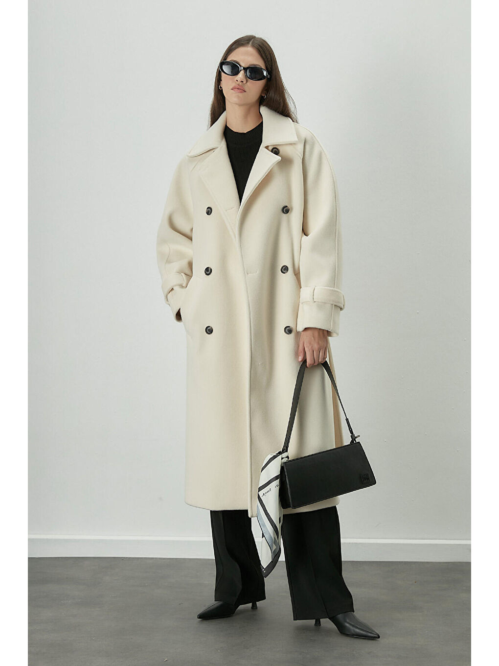 Danish Kaşe Kruvaze Kaban Ekru