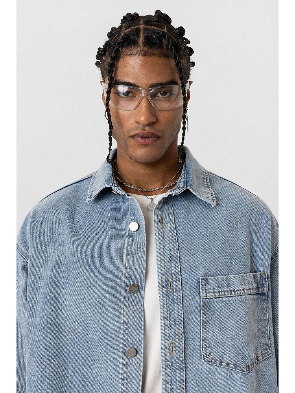 Cep Detaylı Oversıze Denim Ceket Açık Mavi-4