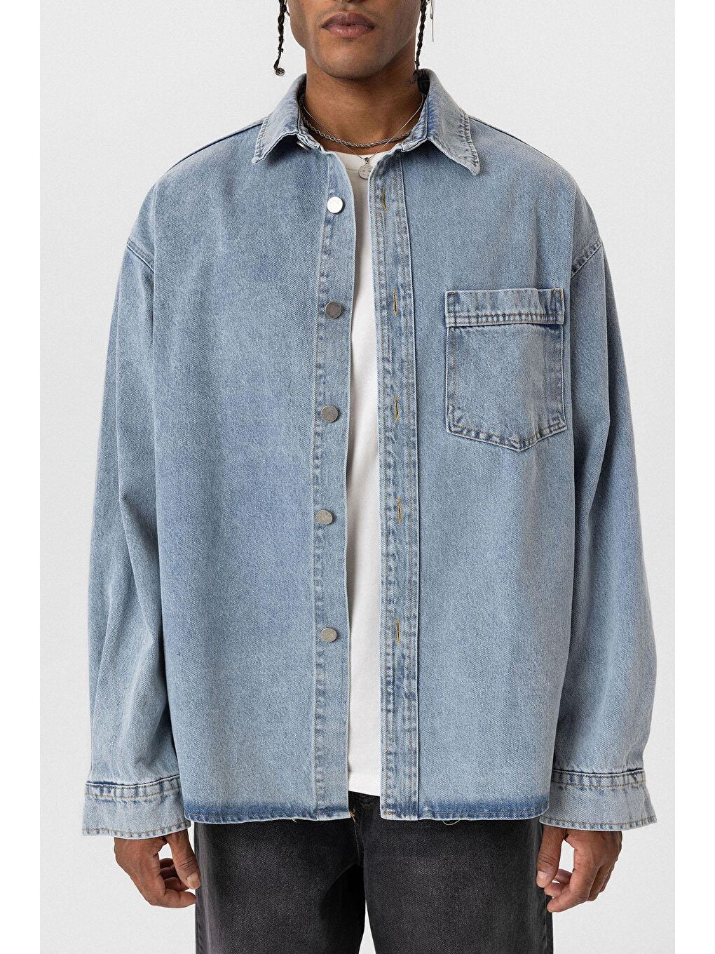 Cep Detaylı Oversıze Denim Ceket Açık Mavi-6