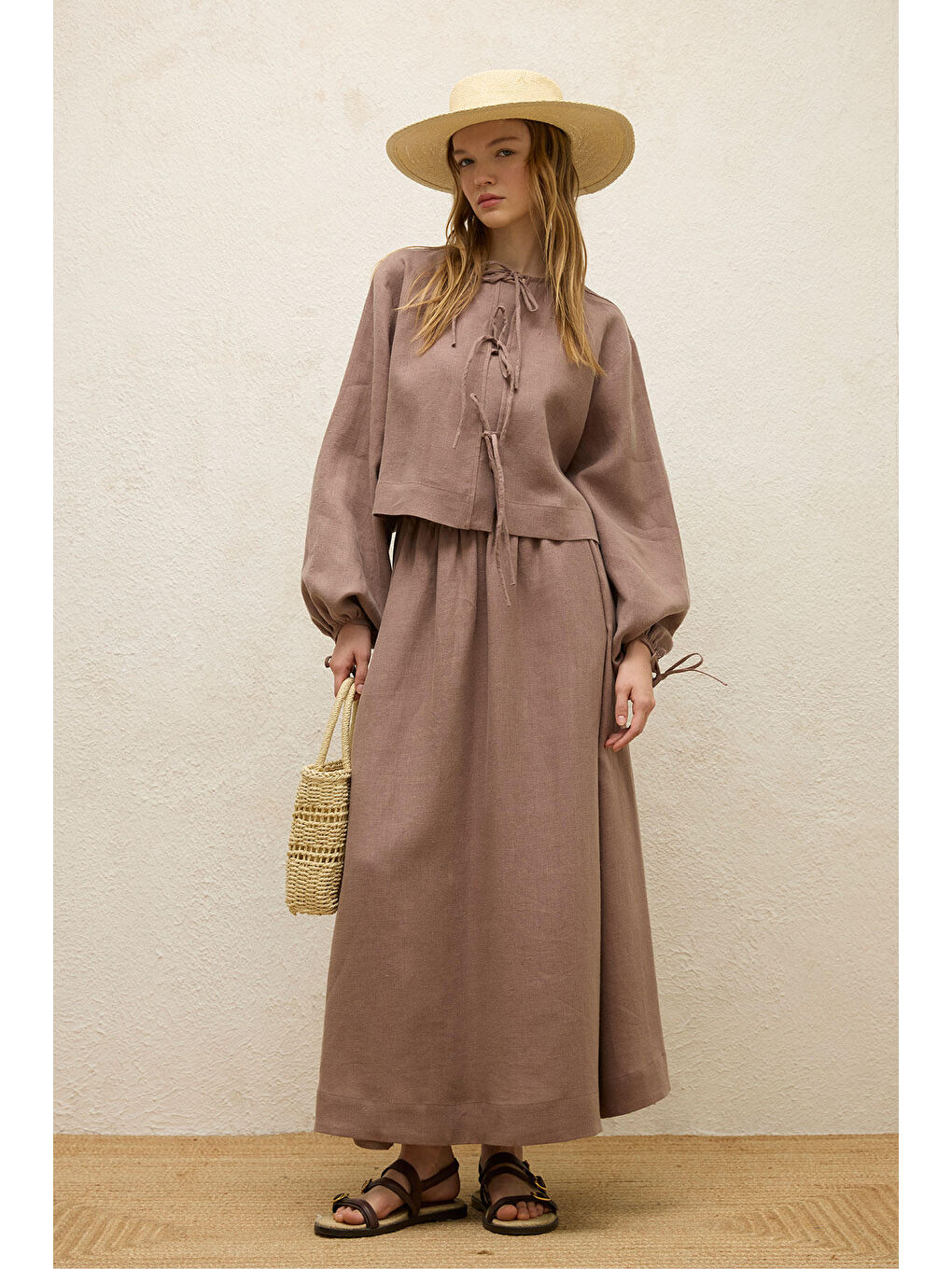 Pembe Keten Bağcık Detaylı Bluz Gül Kurusu-1