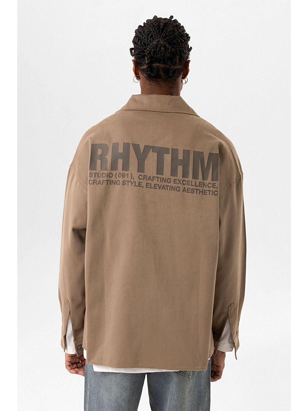 Bej Arka Baskılı Oversize Denim Erkek Ceket-3