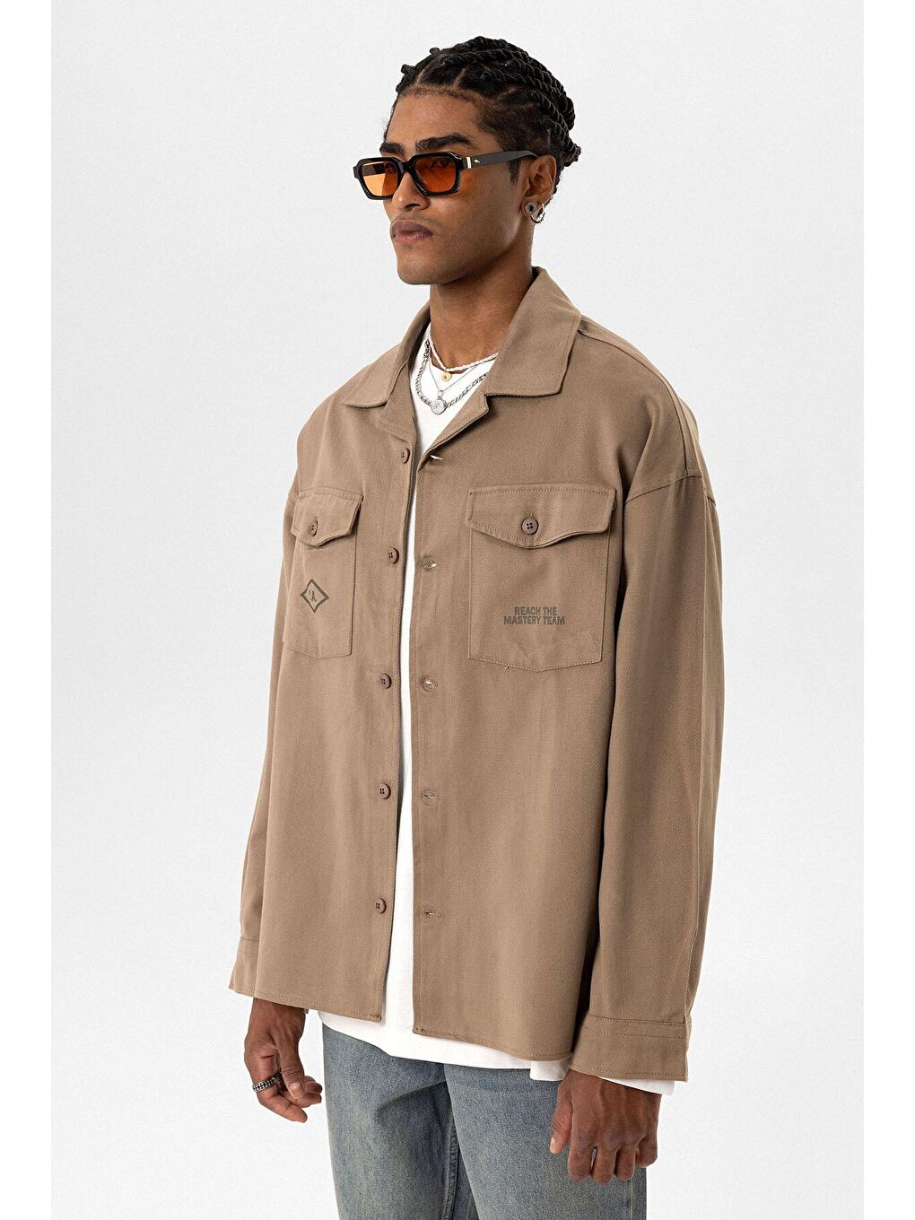 Bej Arka Baskılı Oversize Denim Erkek Ceket-4