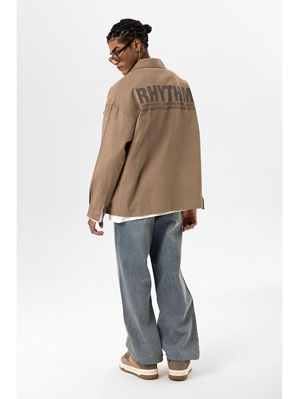 Bej Arka Baskılı Oversize Denim Erkek Ceket-5