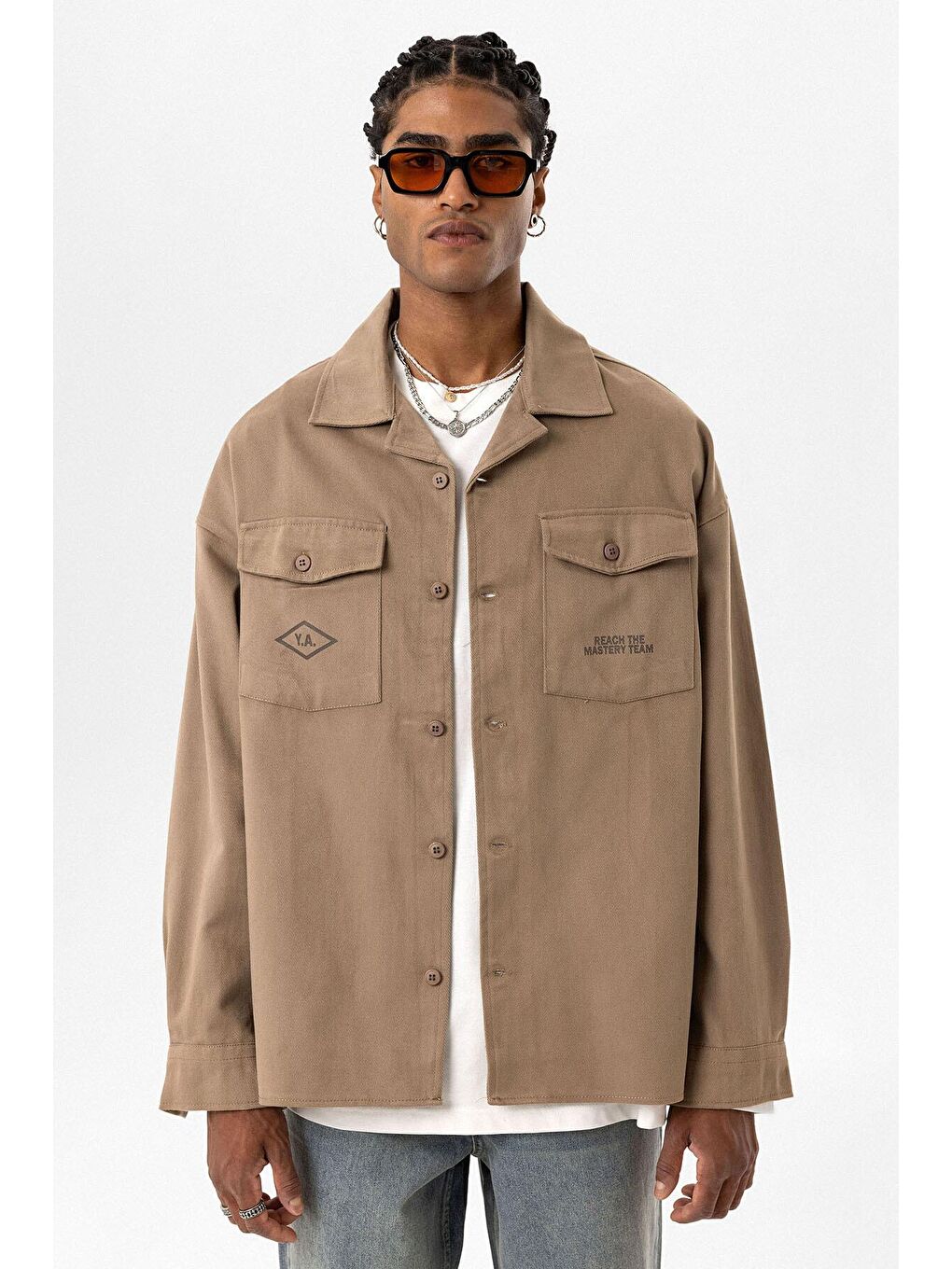 Bej Arka Baskılı Oversize Denim Erkek Ceket-7