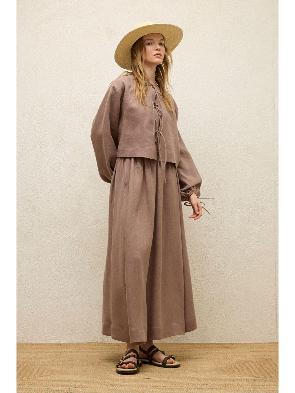 Pembe Keten Bağcık Detaylı Bluz Gül Kurusu-4