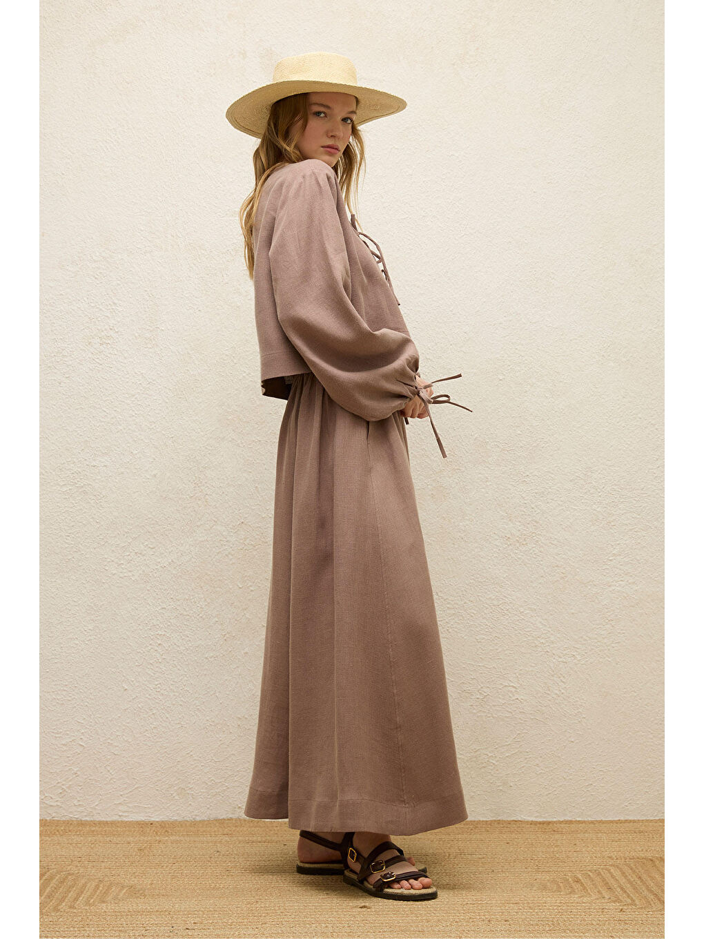 Pembe Keten Bağcık Detaylı Bluz Gül Kurusu-5