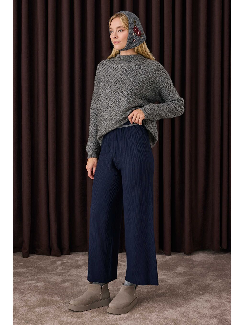 Yeşil Şerit Detaylı Triko Pantolon Ofis Lacivert