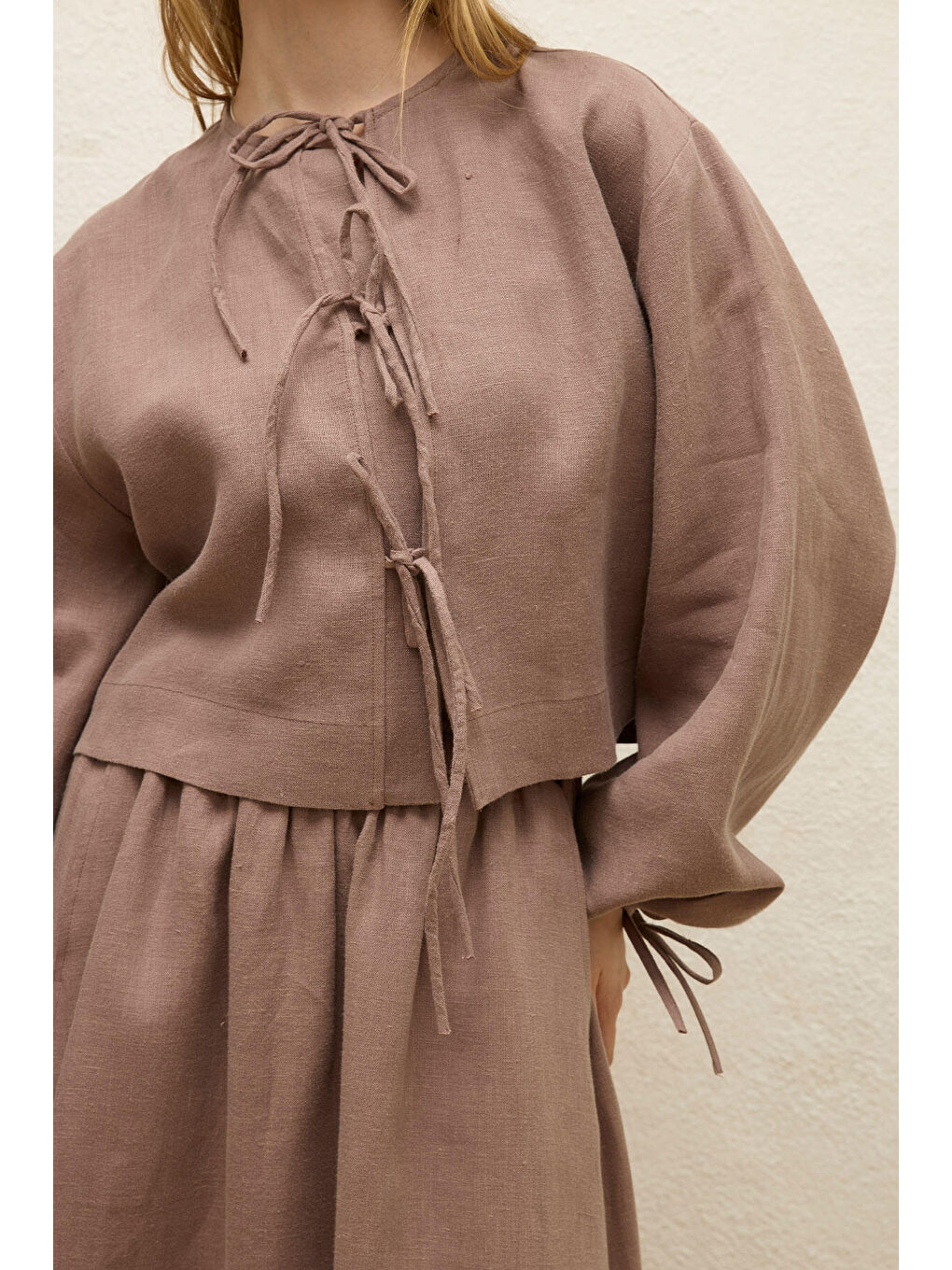 Pembe Keten Bağcık Detaylı Bluz Gül Kurusu-6