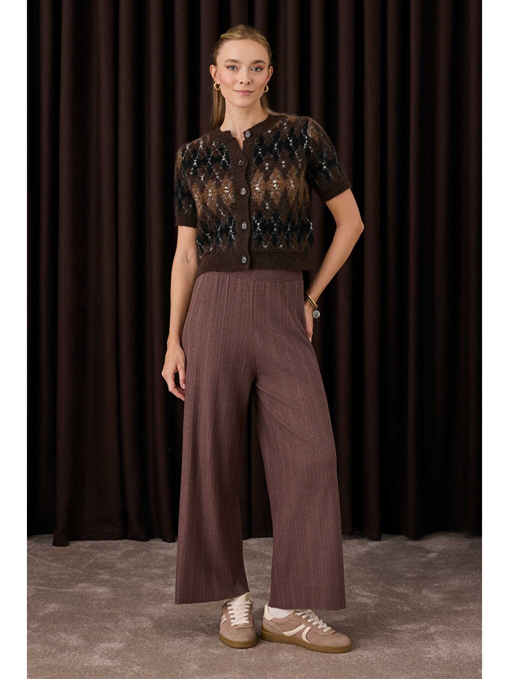 Kahverengi Fitilli Triko Pantolon Kahve-2