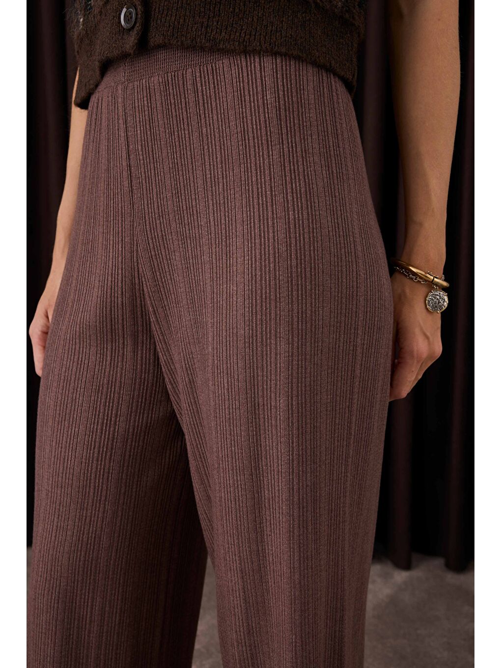 Kahverengi Fitilli Triko Pantolon Kahve-4