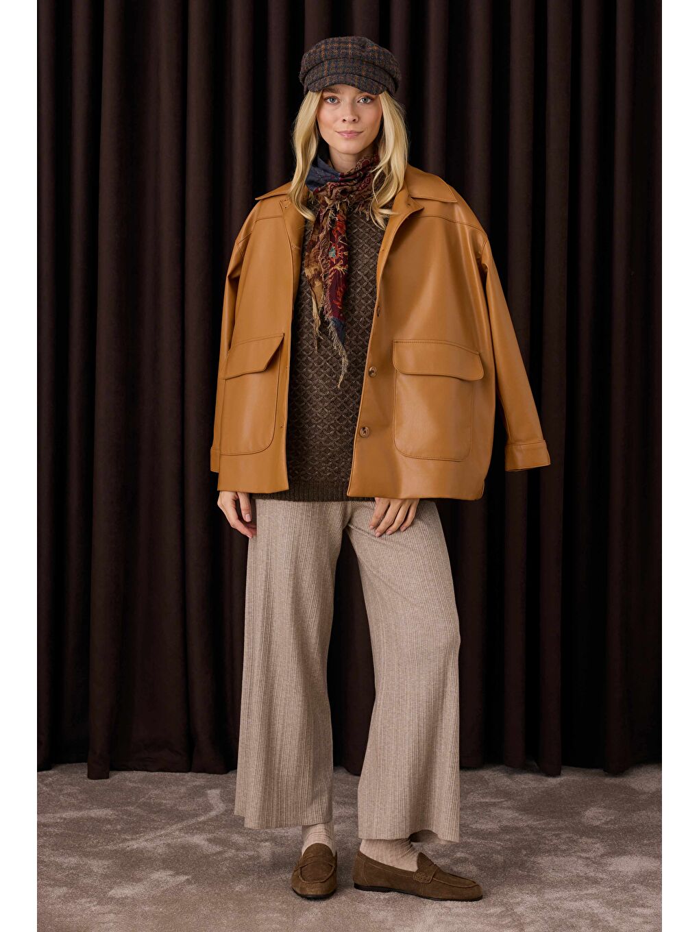 Kahverengi Fitilli Triko Pantolon Açık Vizon-4