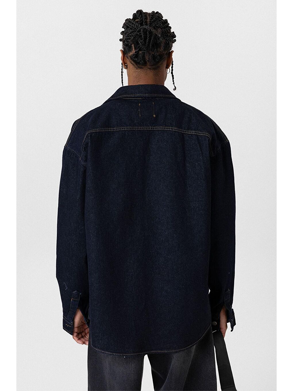 Cep Detaylı Oversıze Denim Ceket Koyu Mavi-4