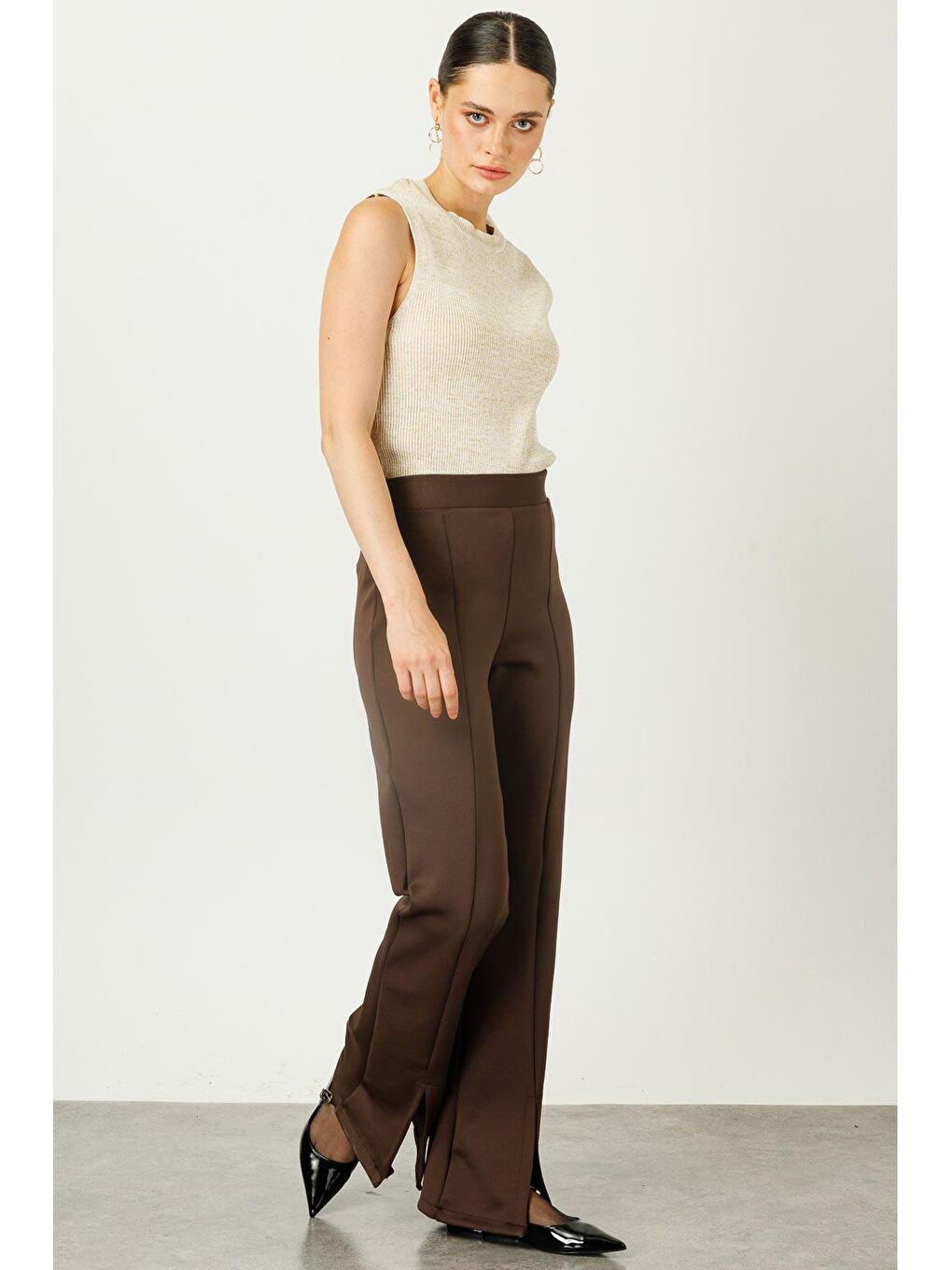 Kahverengi Ön Yırtmaçlı Scuba Pantolon - Koyu Kahve-1