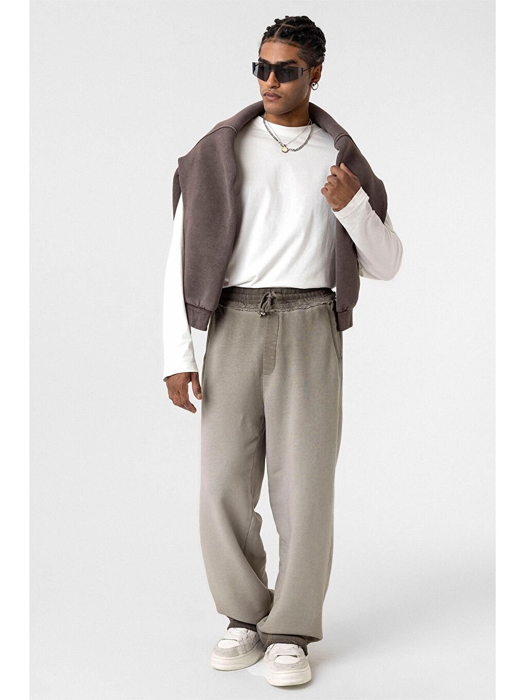 Bej Yıkamalı Renk Geçişli Oversize Eşofman Alt Vizon-1