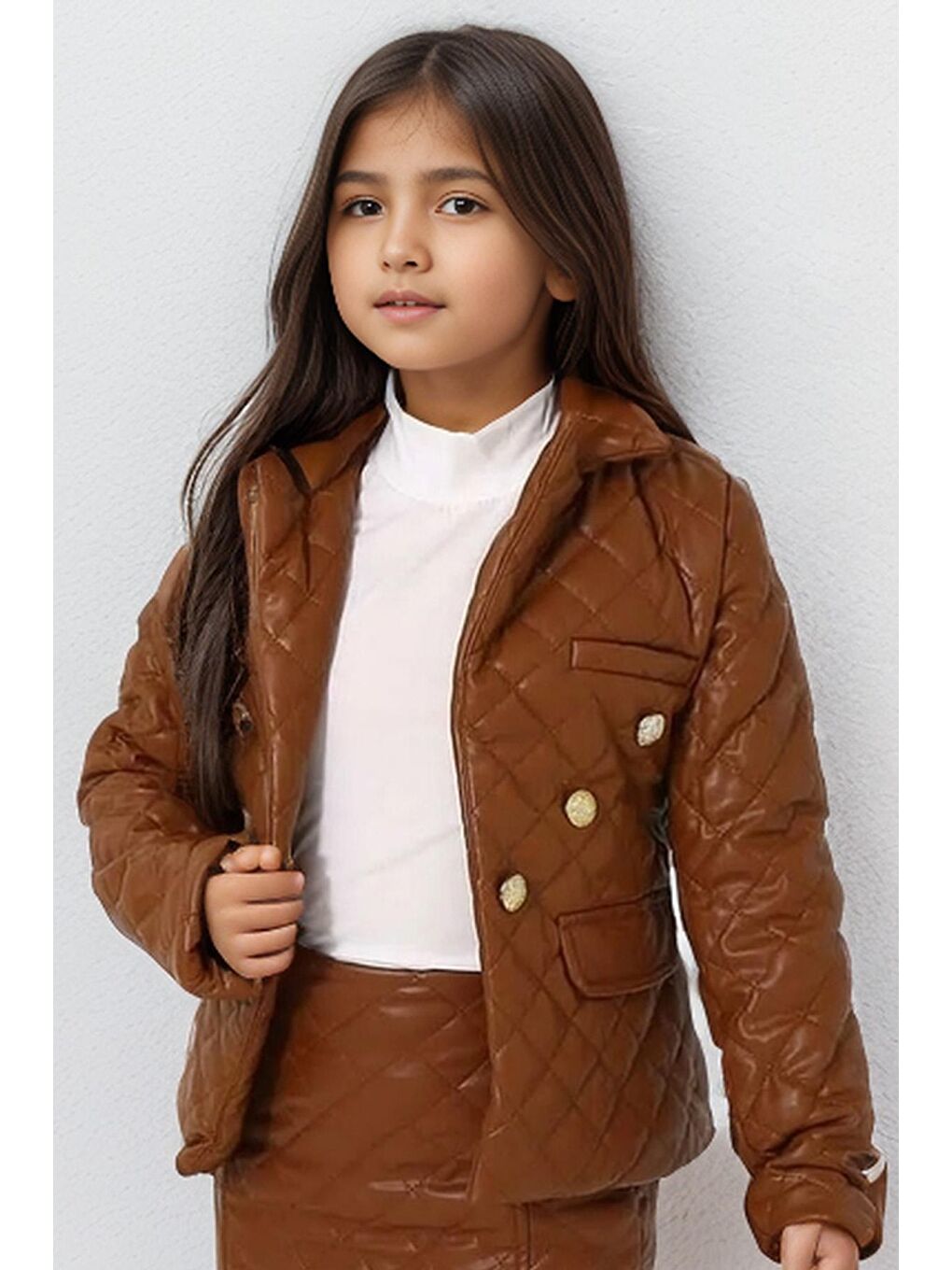 Kız Çocuk Kapitone Desenli Gold Düğme Detaylı Kahverengi Etekli Takım-1