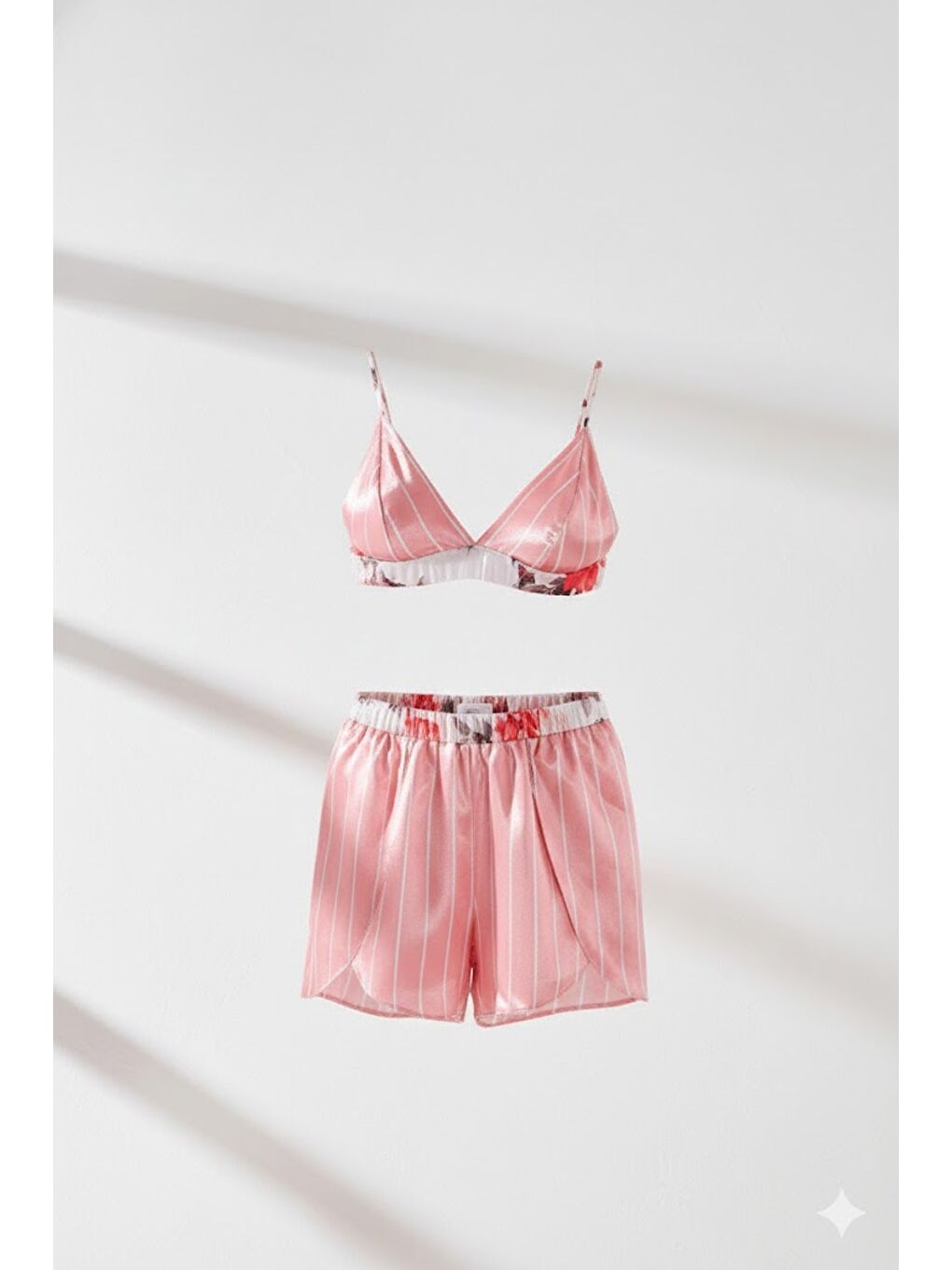 Saten Sütyen Şort Takım 9065 Pembe/Ekru