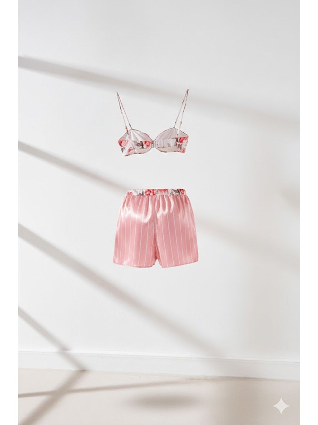 Saten Sütyen Şort Takım 9065 Pembe/Ekru-1