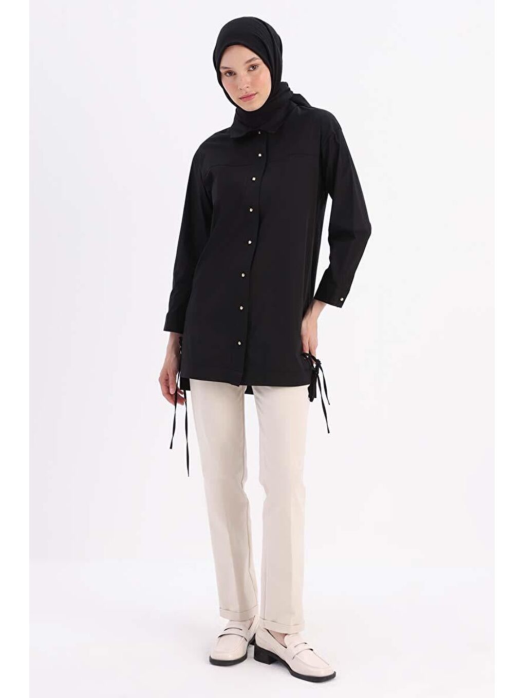 Siyah %100 Pamuk Kolları Bağlama Detaylı Büyük Beden Gömlek Tunik