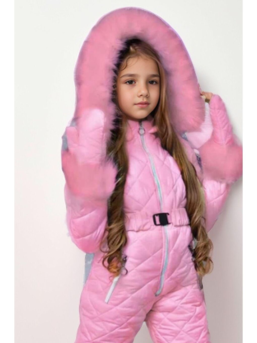 Pembe Kız Çocuk Kapüşonlu Pempe Kar Tulumu-1