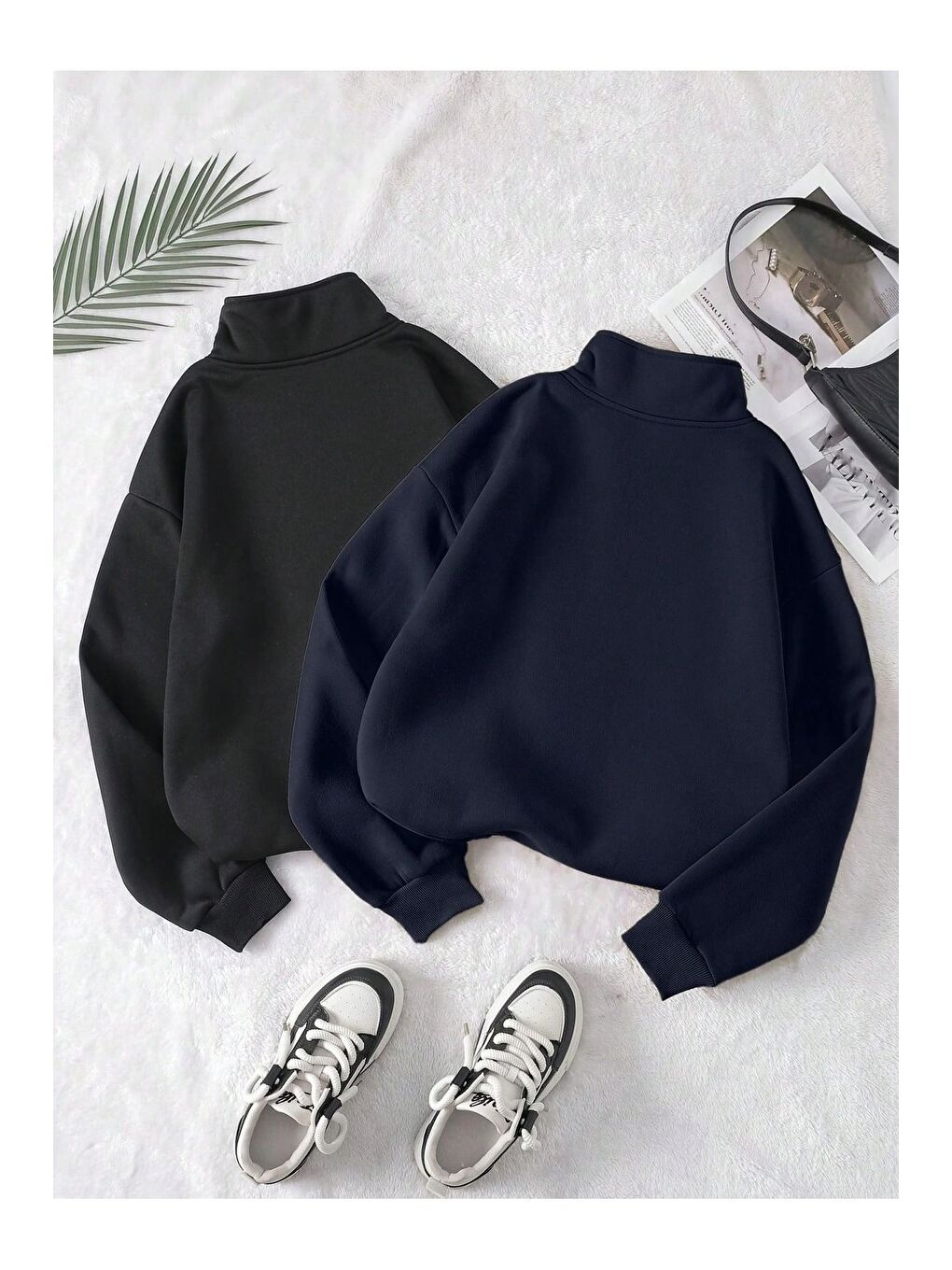 Kadın Lacivert Siyah Oversize Yarım Fermuarlı 2Li Sweatshirt Set-1