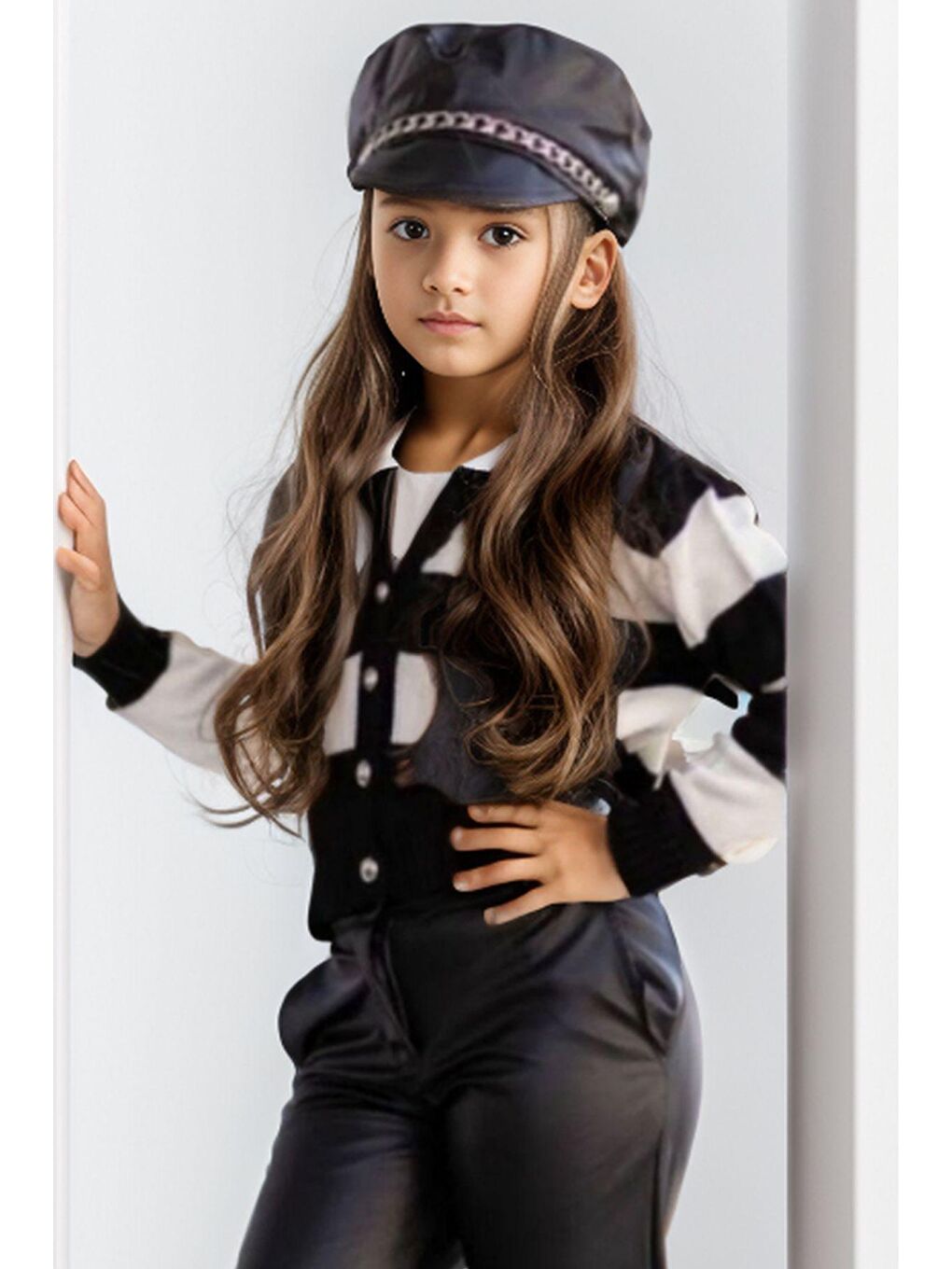 Kız Çocuk Çizgili Triko Ceket, Deri Pantolonlu Siyah Alt Üst Takım-1