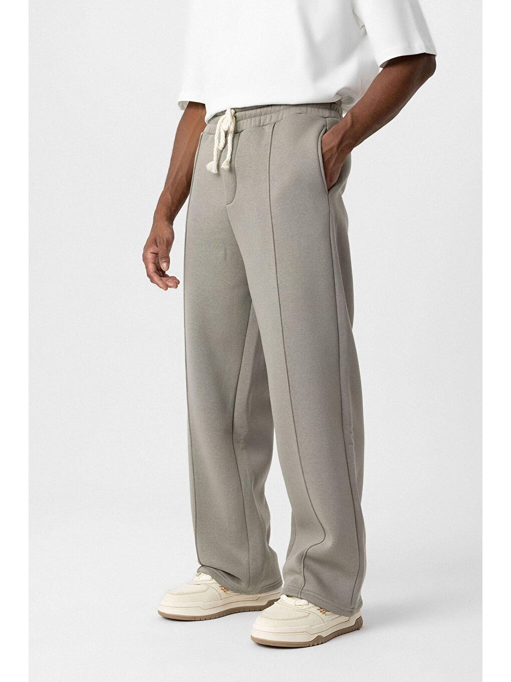 Haki Basic Ön Dikiş Detaylı Baggy Erkek Eşofman Altı-2