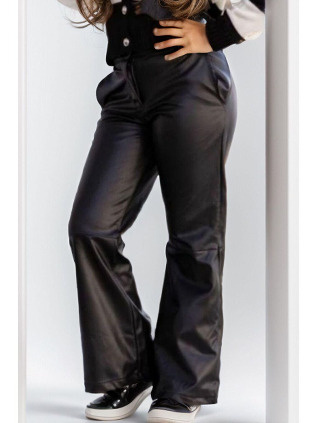 Kız Çocuk Çizgili Triko Ceket, Deri Pantolonlu Siyah Alt Üst Takım-2