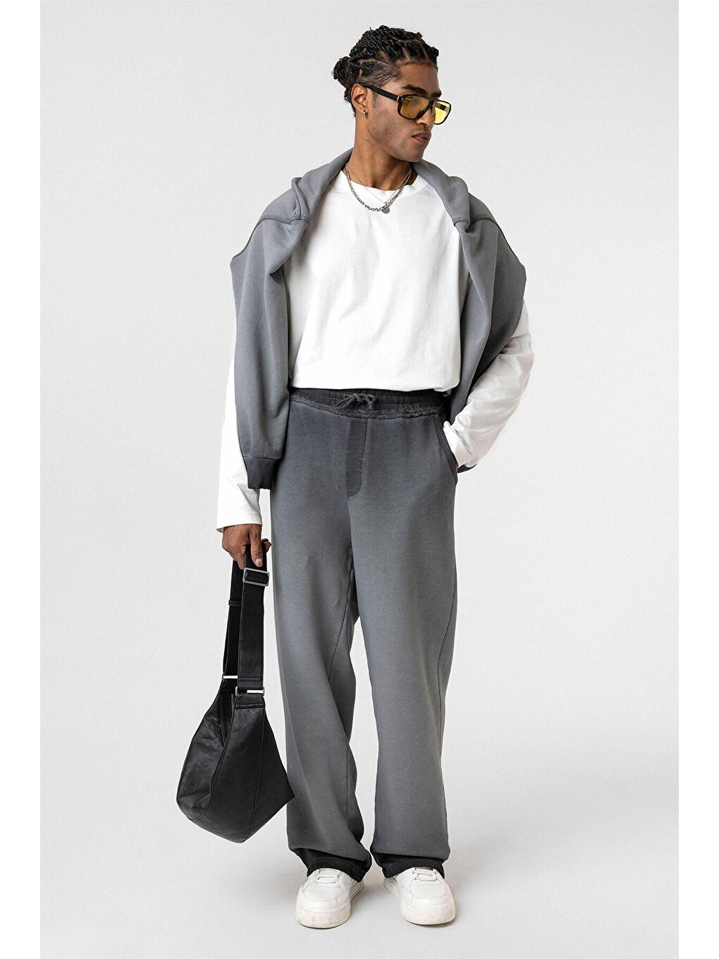 Yıkamalı Renk Geçişli Oversize Eşofman Alt Siyah-4