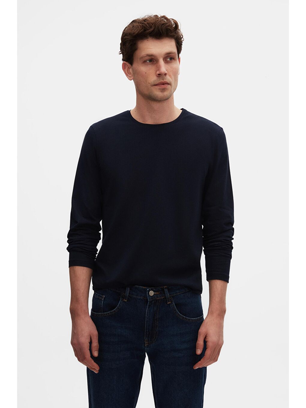 Slim Fit Lacivert Bisiklet Yaka %100 Pamuk Nefes Alabilen Uzun Kollu Body Tişört