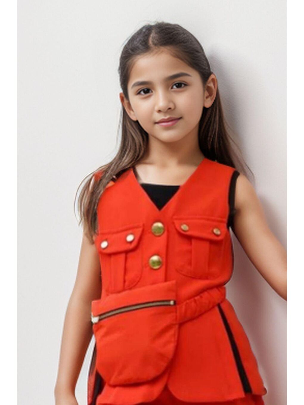 Kız Çocuk Düğme ve Cep Detaylı Kolsuz Yelek Penye Bluz Turuncu Şortlu Takım-1