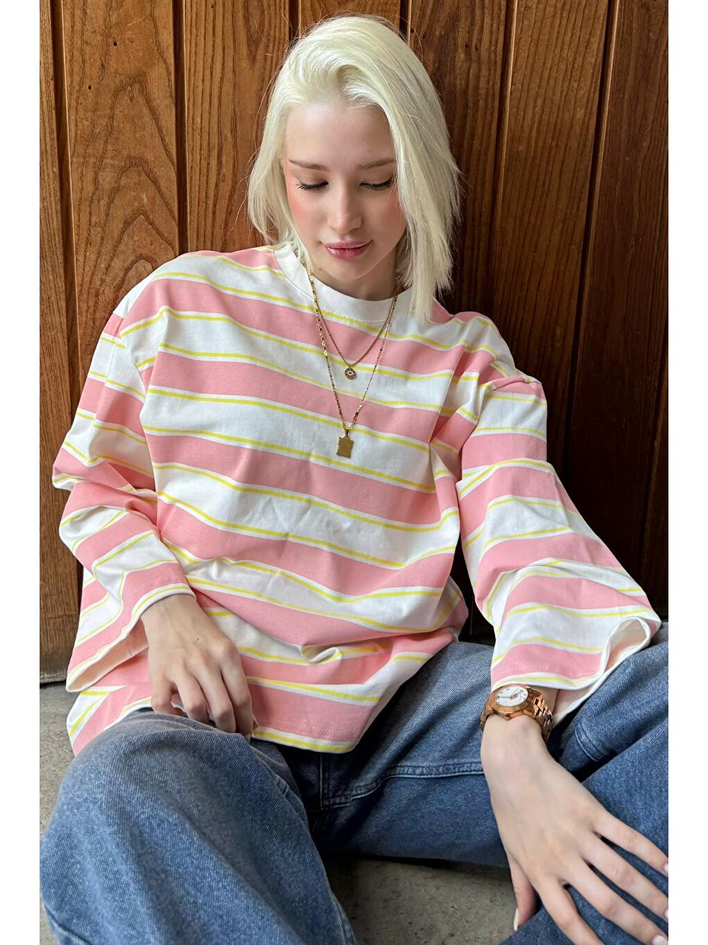 Pembe Bisiklet Yaka %100 Pamuklu Çizgili Uzun Kollu Tişört Mg2362