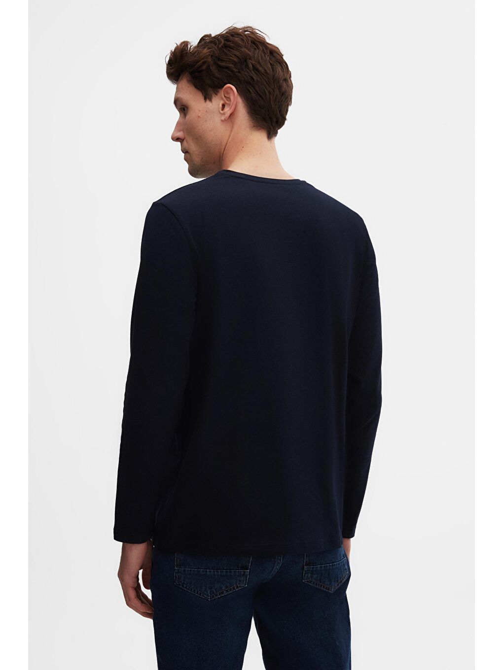 Slim Fit Lacivert Bisiklet Yaka %100 Pamuk Nefes Alabilen Uzun Kollu Body Tişört-2