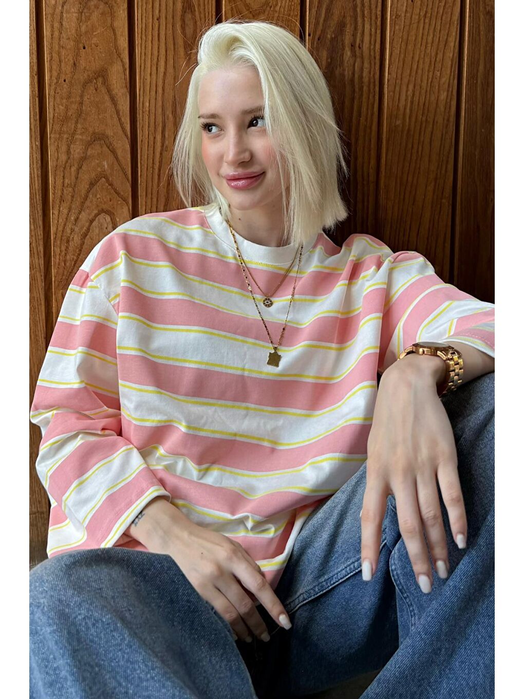 Pembe Bisiklet Yaka %100 Pamuklu Çizgili Uzun Kollu Tişört Mg2362-1