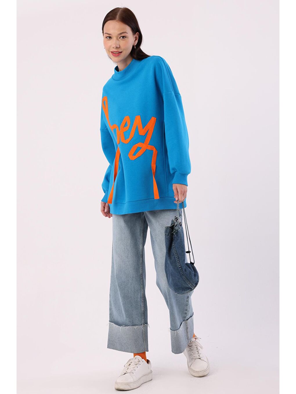 ALLDAY Mavi Oversize Şardonlu Şerit Detaylı Sweatshirt - 4