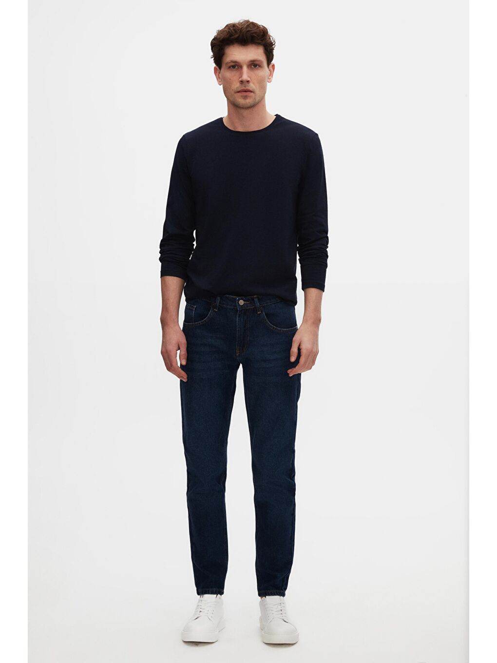 Slim Fit Lacivert Bisiklet Yaka %100 Pamuk Nefes Alabilen Uzun Kollu Body Tişört-3