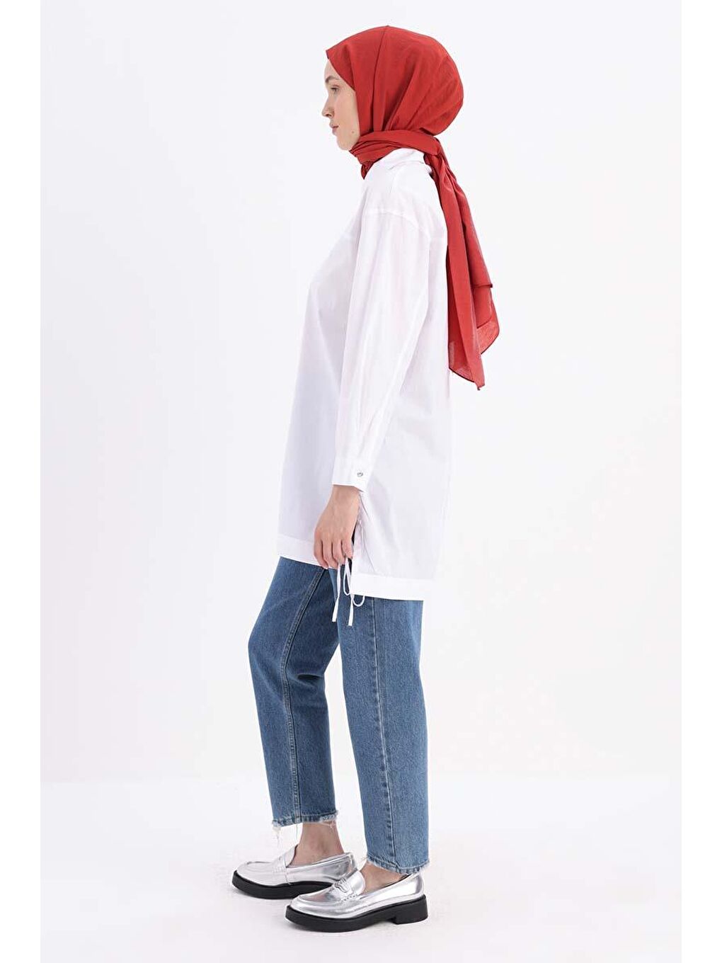 Beyaz Pamuklu Roba Ve Dikiş Detaylı Gömlek Tunik-2