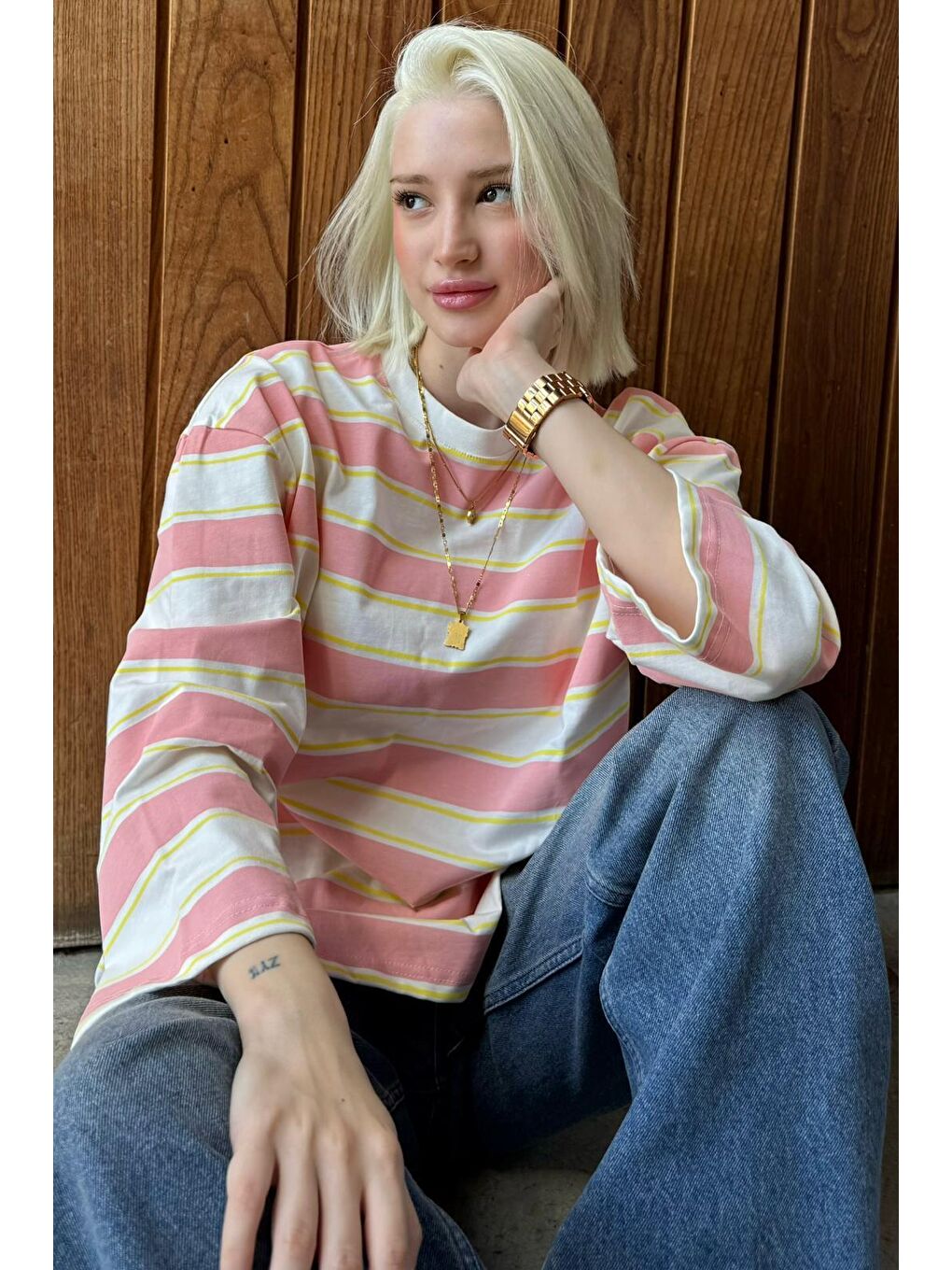 Pembe Bisiklet Yaka %100 Pamuklu Çizgili Uzun Kollu Tişört Mg2362-4