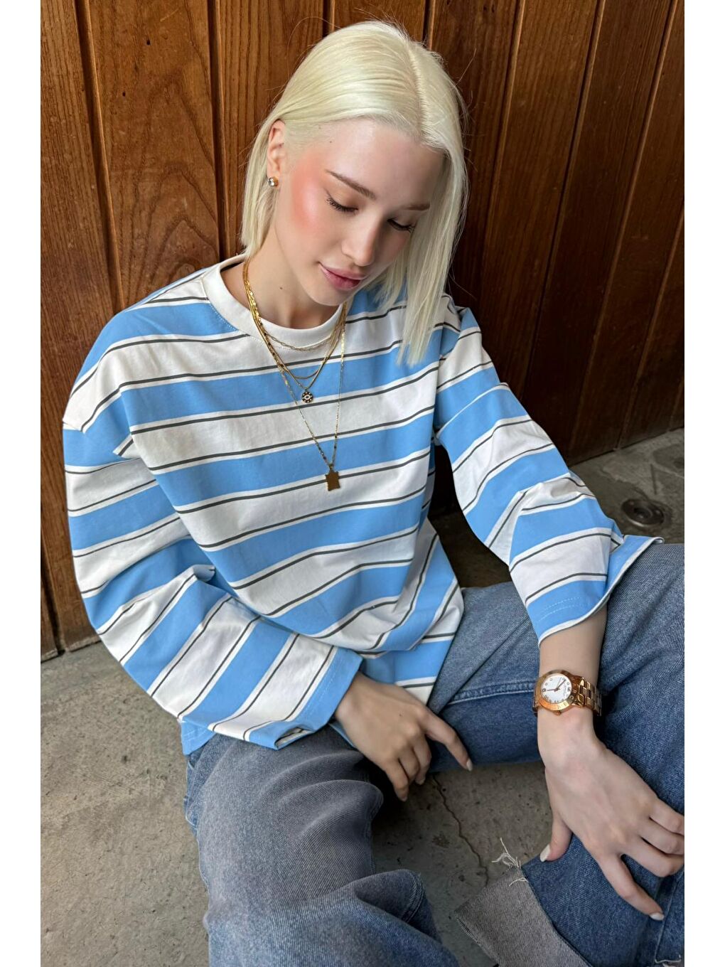 Mavi Bisiklet Yaka %100 Pamuklu Çizgili Uzun Kollu Tişört Mg2362