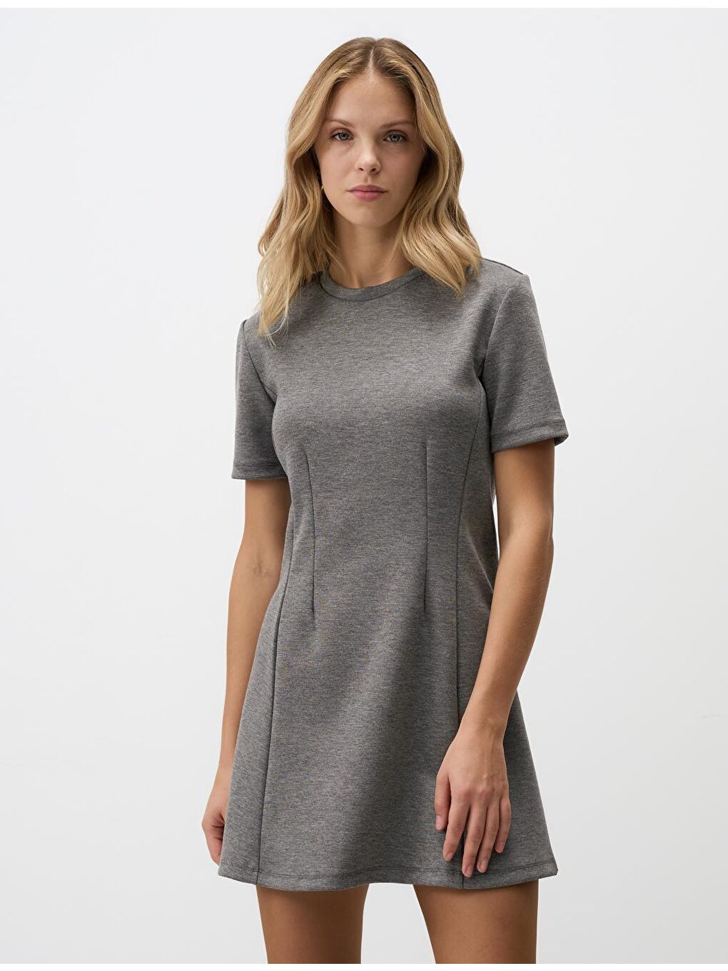 Antrasit Melanj Bisiklet Yaka Kısa Kollu Örme Mini Elbise