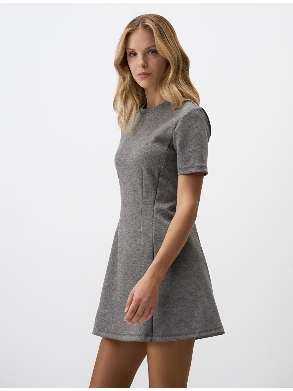 Antrasit Melanj Bisiklet Yaka Kısa Kollu Örme Mini Elbise-2