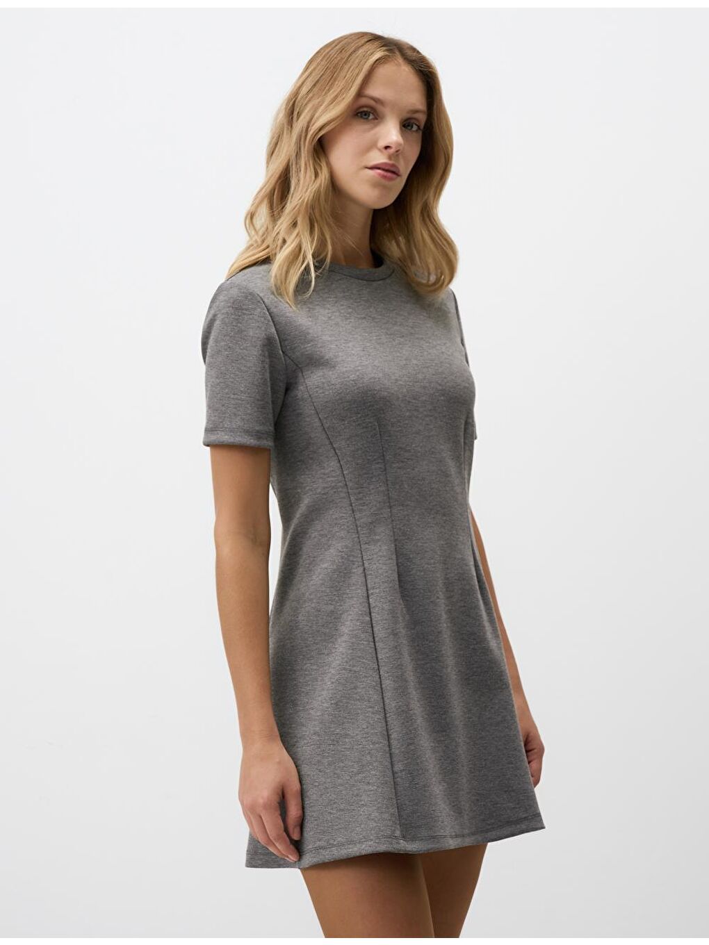 Antrasit Melanj Bisiklet Yaka Kısa Kollu Örme Mini Elbise-3