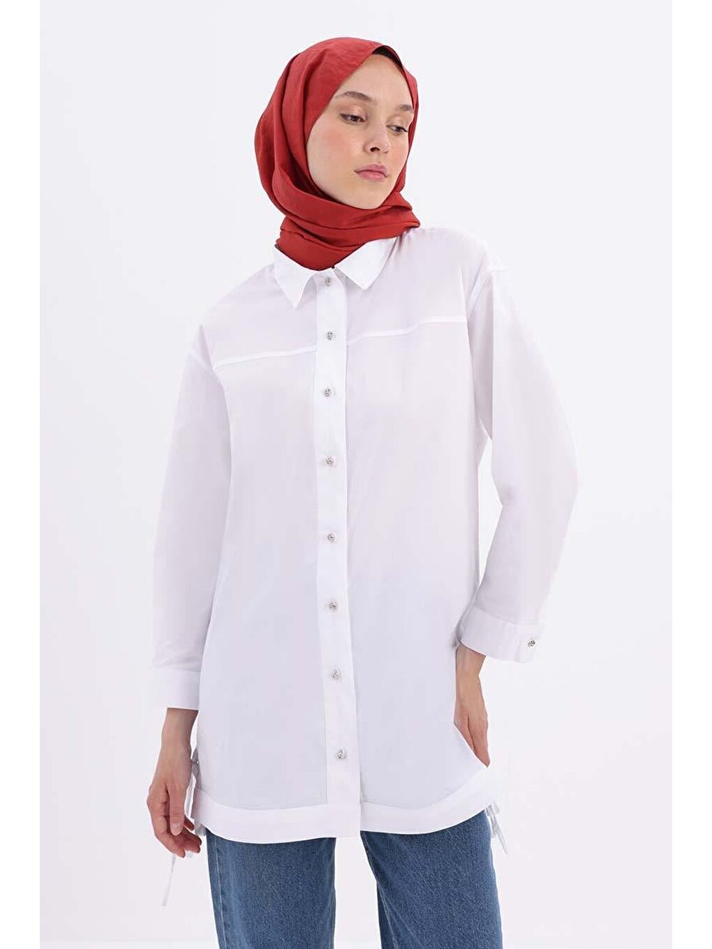 Beyaz %100 Pamuk Kolları Bağlama Detaylı Büyük Beden Gömlek Tunik