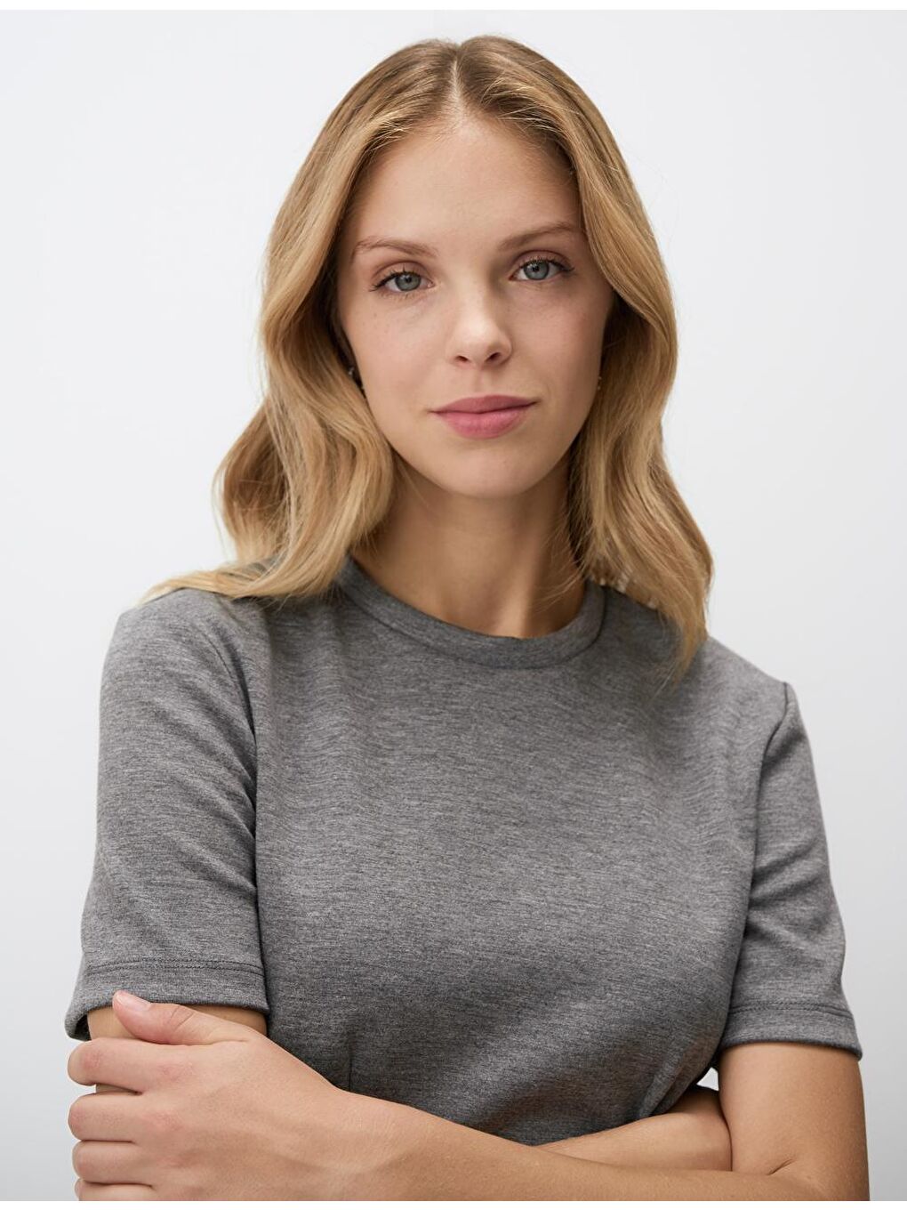 Antrasit Melanj Bisiklet Yaka Kısa Kollu Örme Mini Elbise-4