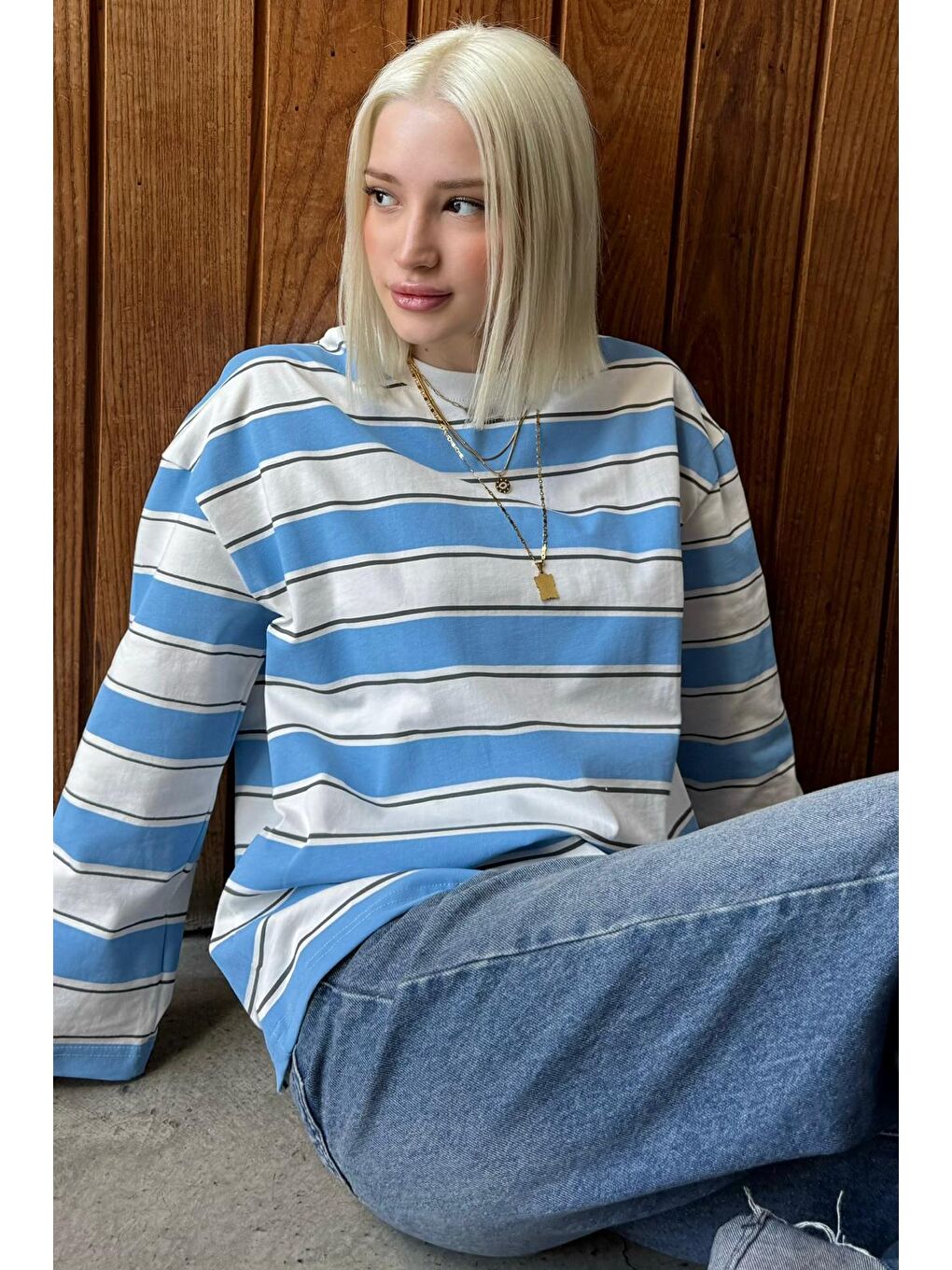 Mavi Bisiklet Yaka %100 Pamuklu Çizgili Uzun Kollu Tişört Mg2362-1