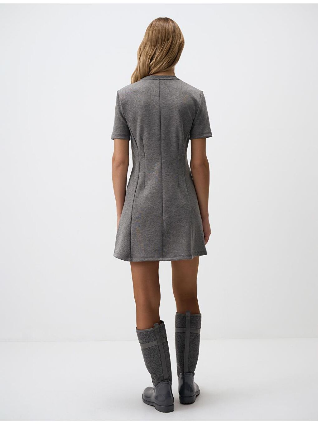 Antrasit Melanj Bisiklet Yaka Kısa Kollu Örme Mini Elbise-5