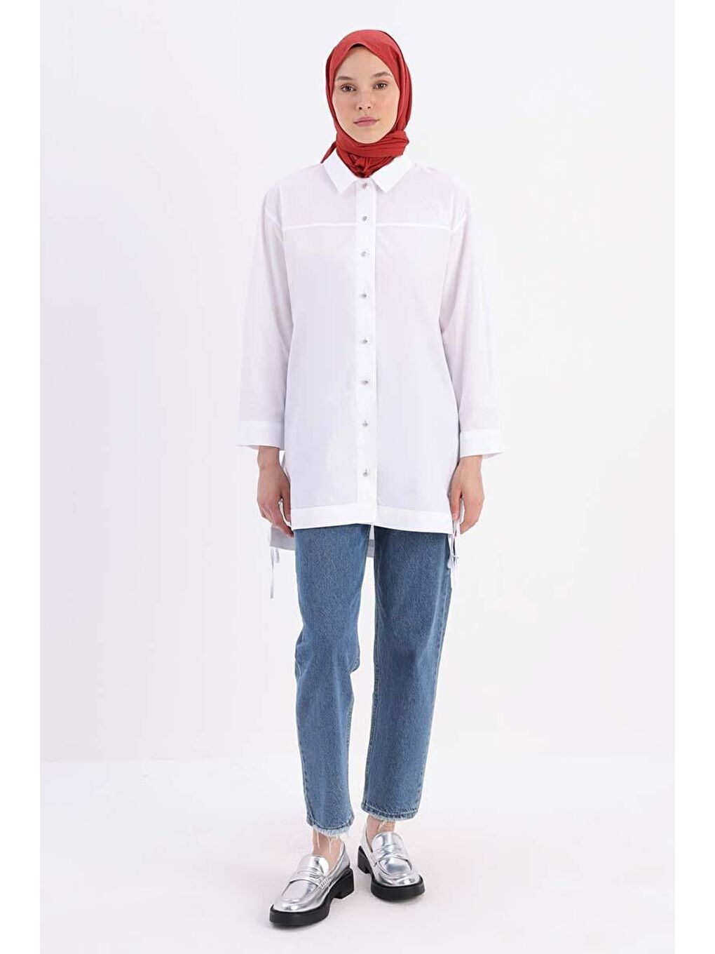 Beyaz %100 Pamuk Kolları Bağlama Detaylı Büyük Beden Gömlek Tunik-1